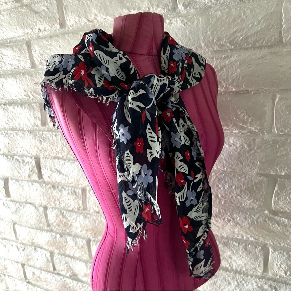 Atmosphere Black Red White Purple Flowers Birds Scarf